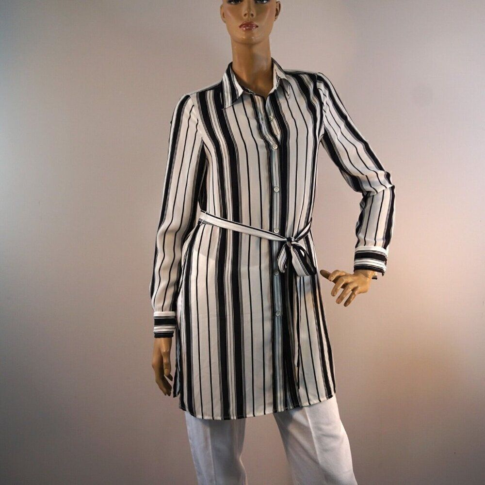 Karen Kane Womens Striped Tunic Blouse Sz XS Black White Belted